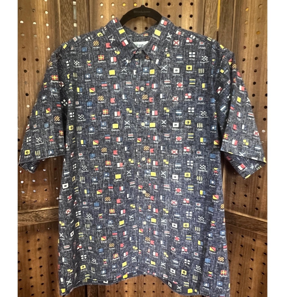 Reyn Spooner Shirt Mens L Reverse Print Nato Phonetic Alphabet Nautical Flags